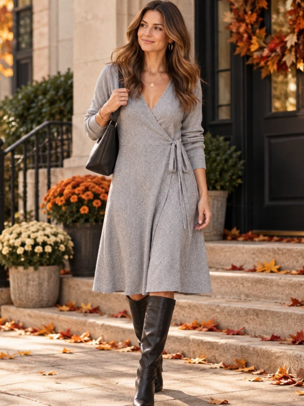 Old Navy Womens L Gray Ribbed Knit Wrap Dress Long Sleeve V Neck Tie Waist